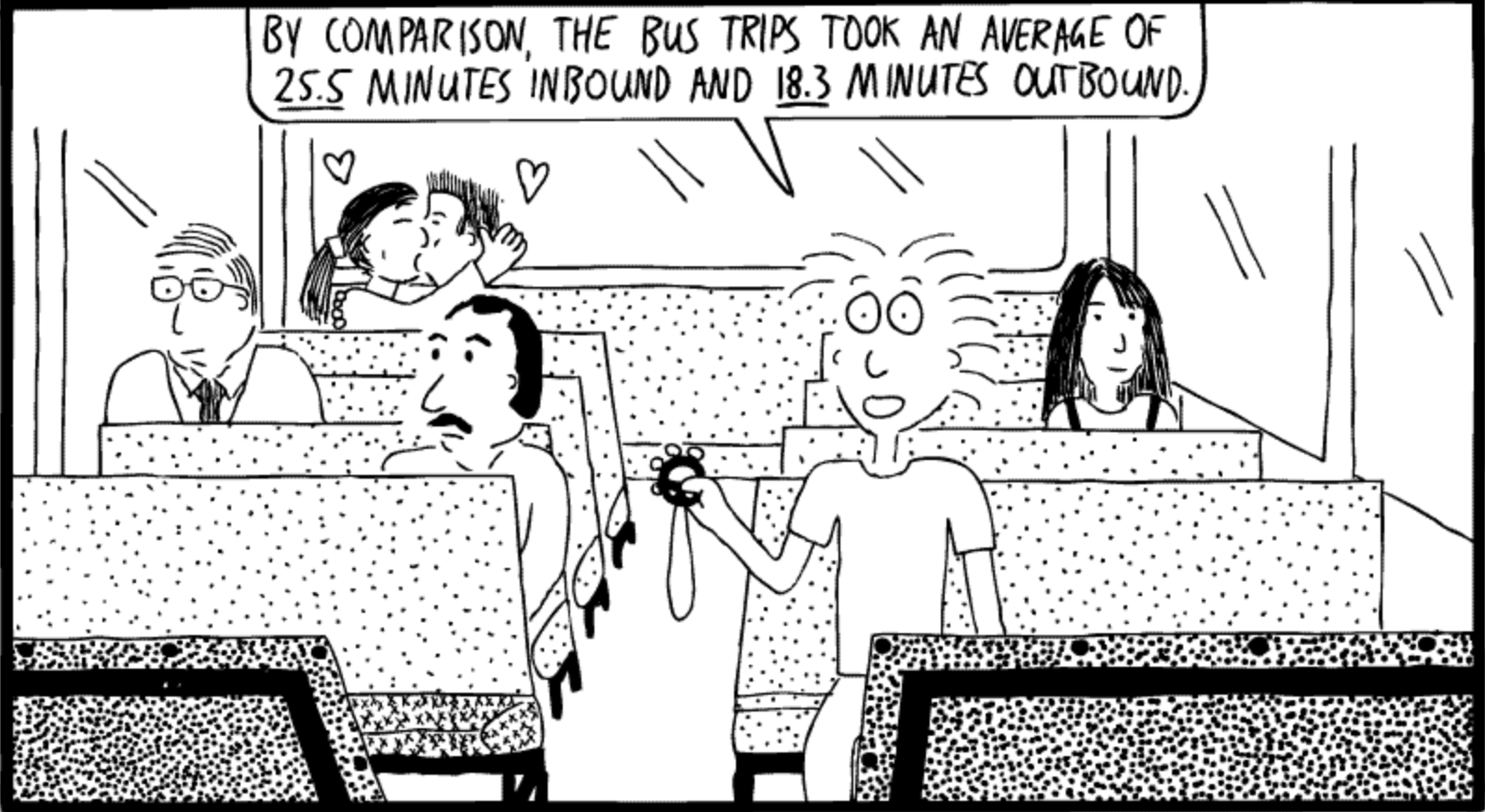 It is a black and white comic of four strangers and one couple, kissing, on a bus.