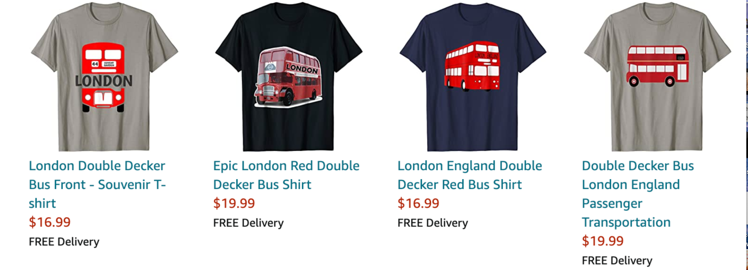 The picture shows four shirts on Amazon of buses that are called variations of "London Double-Decker Shirt.”
