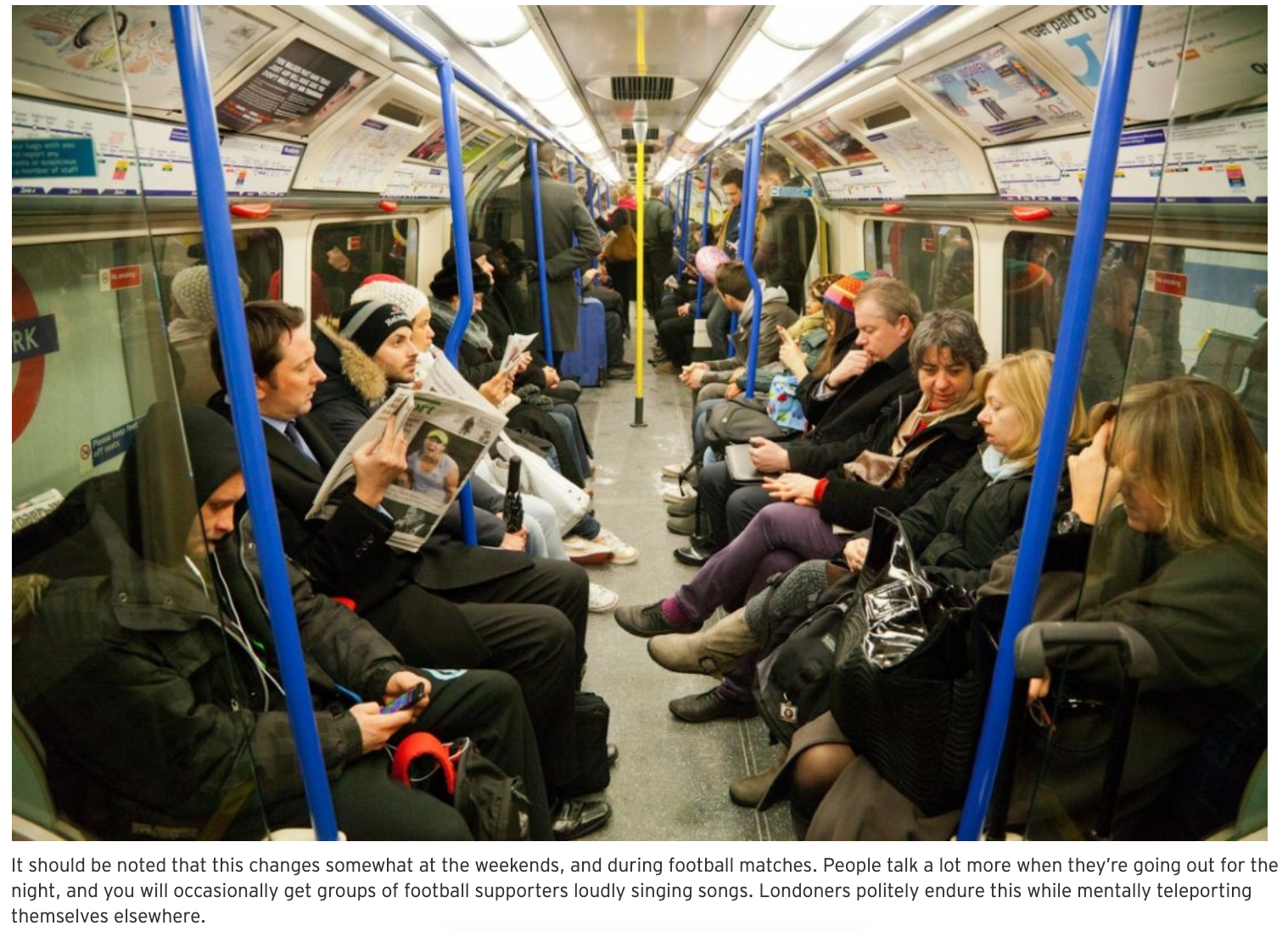 The picture shows many people on the tube and suggests a pre-private atmosphere.